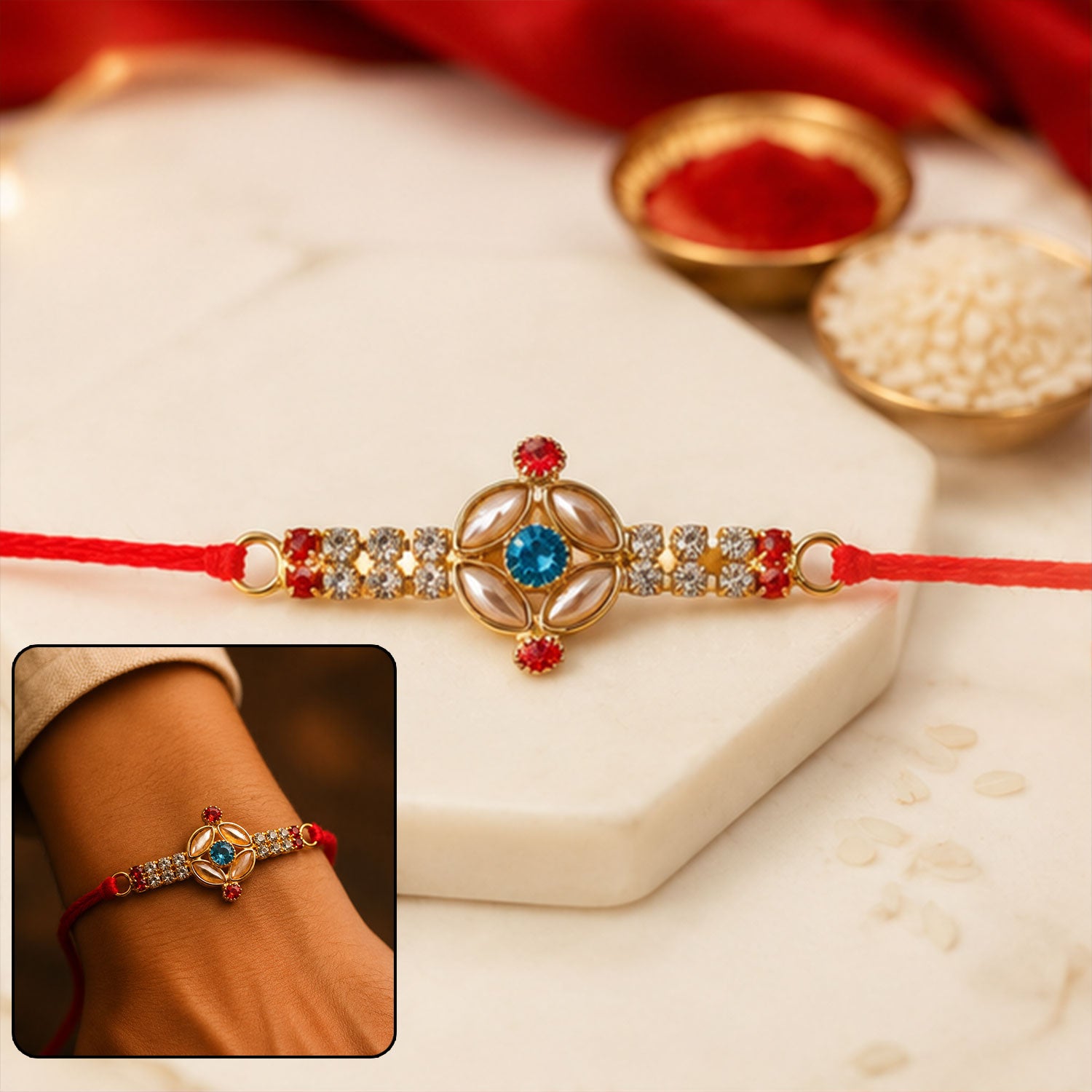 Blue Center Floral Kundan Rakhi with Red Stones and Pearl Ends