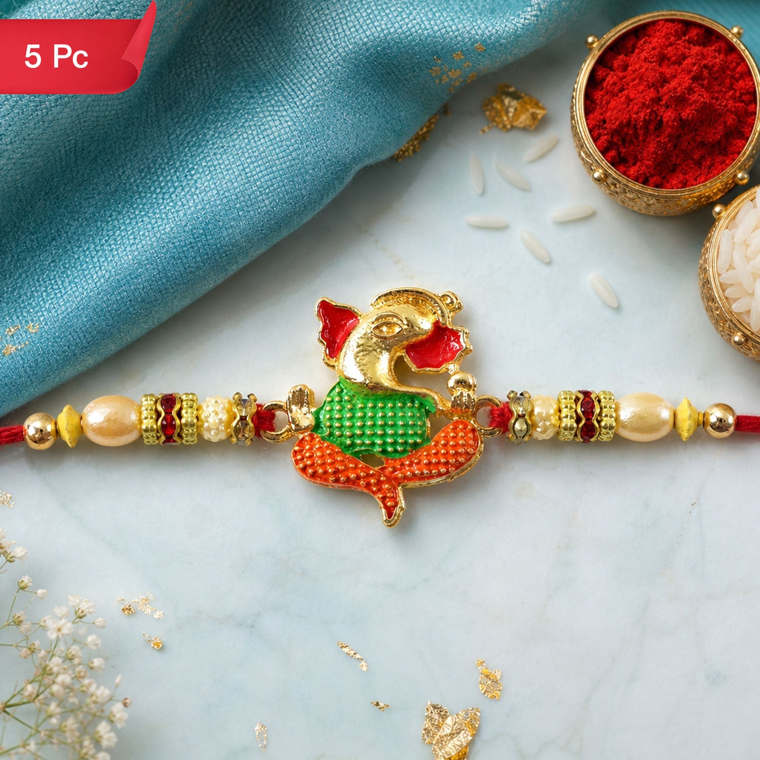 Ganesha Charm Designer Rakhi with Beaded Traditional Accent Work (5pcs)