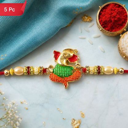 Ganesha Charm Designer Rakhi with Beaded Traditional Accent Work (5pcs)