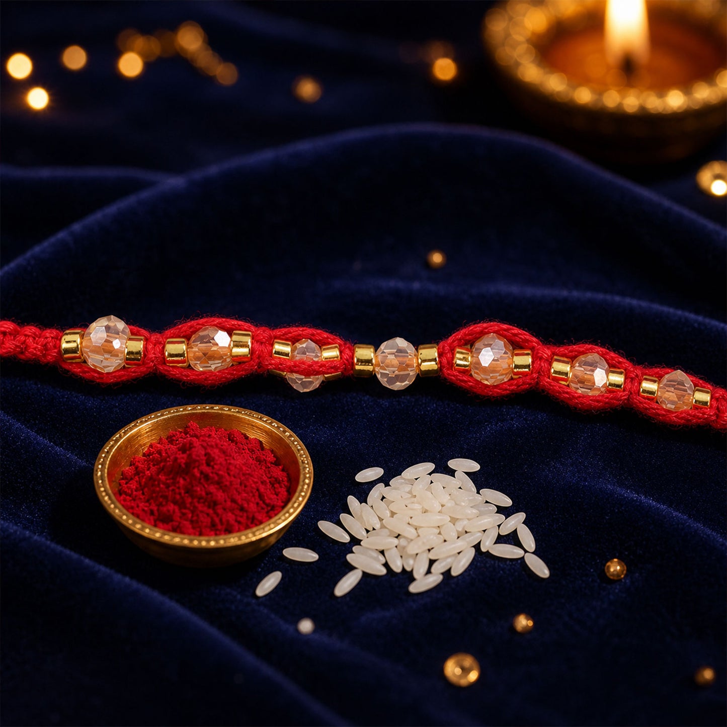 Red Braided Rakhi with Crystal Bead Pendant and Golden Accents