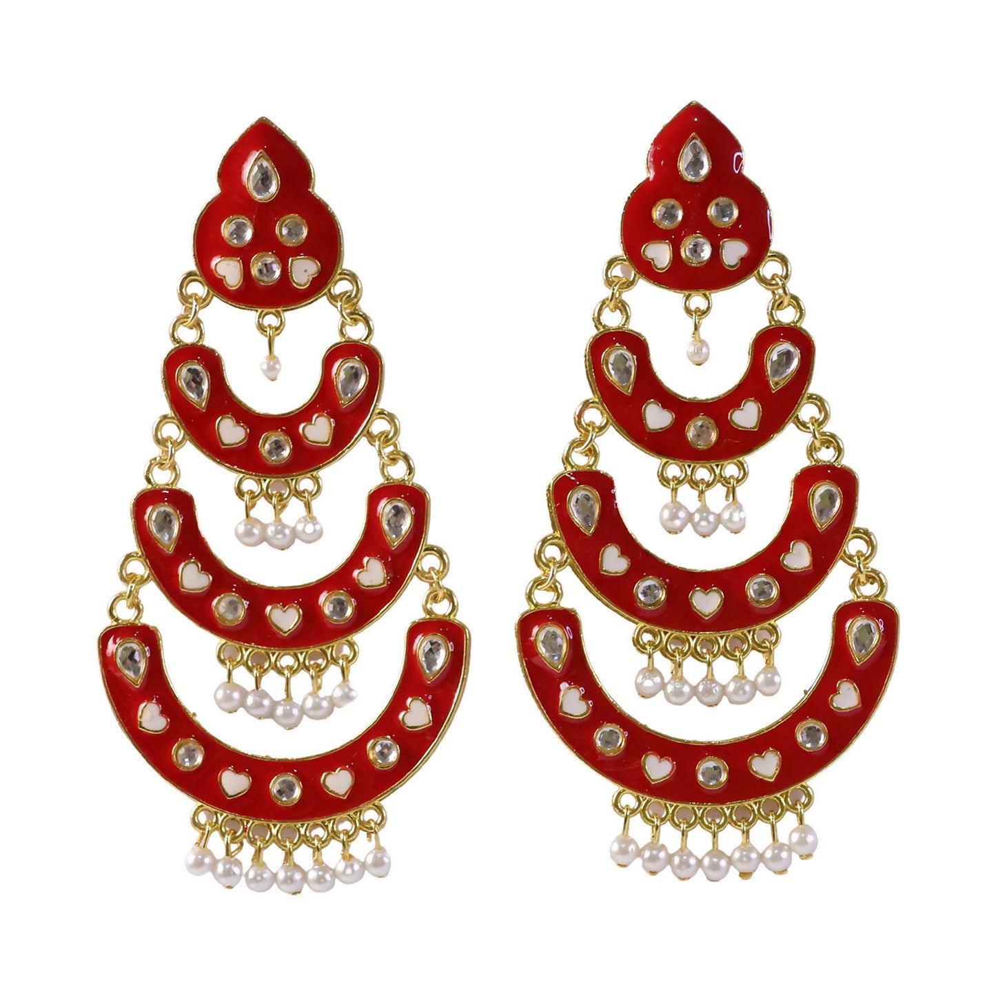 Red chandbali earrings with intricate heart-style design and pearls