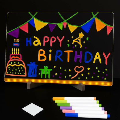 LED Message Writing Board 12x8 Inch with 7 Neon Color Markers, USB Powered Light Up Drawing Pad with Large Erasable Acrylic Surface for Kids, Party Decoration, Café Menu Display & Home Décor