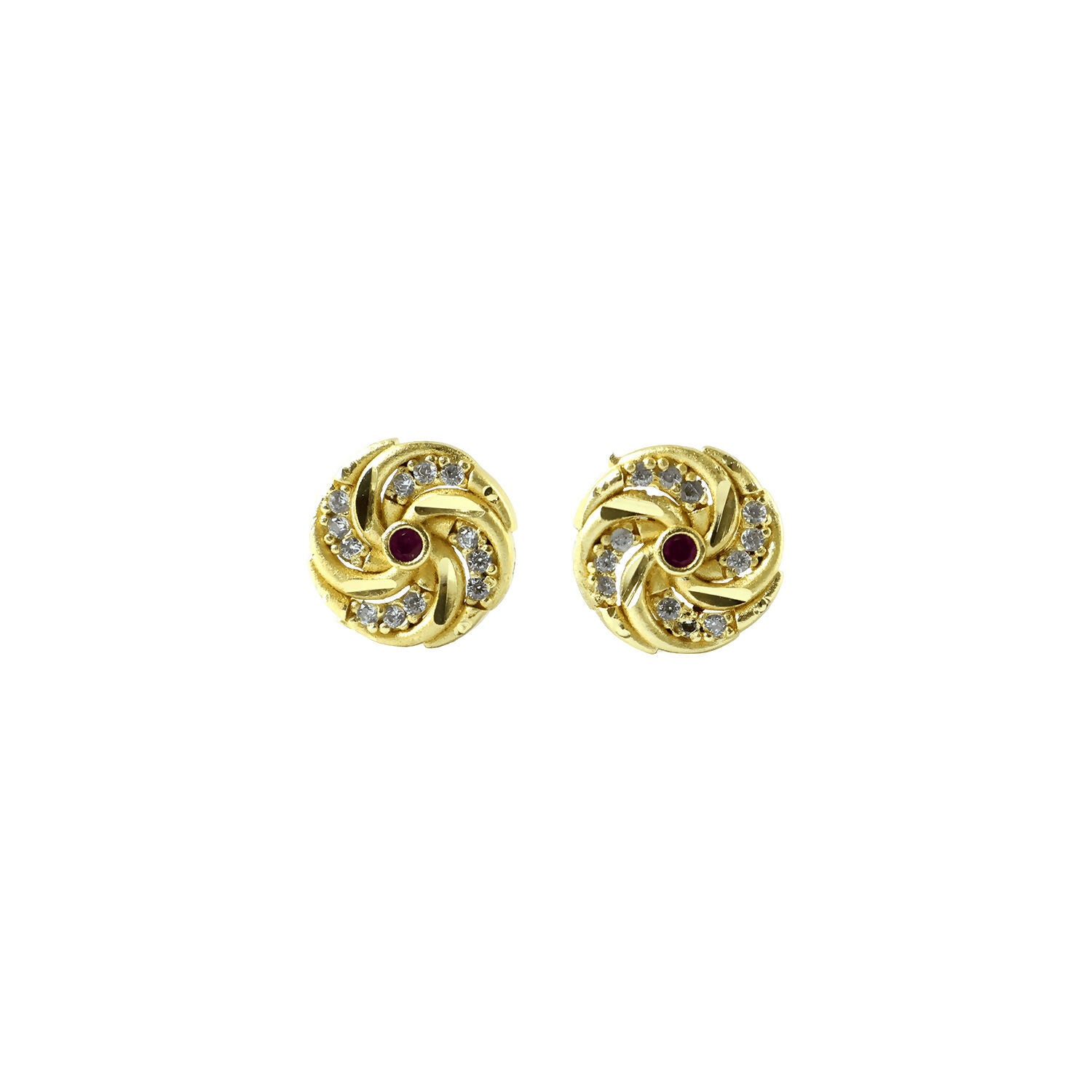 Fashionable gold earrings with intricate spiral design and red accents