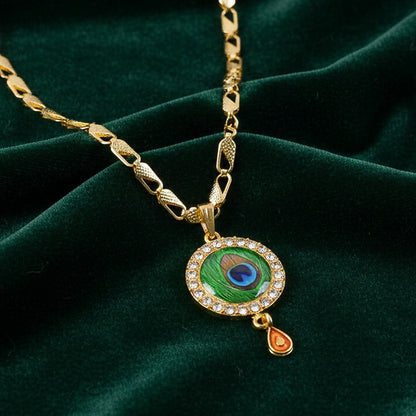 Peacock Feather Stone Pendant Gold Chain Necklace