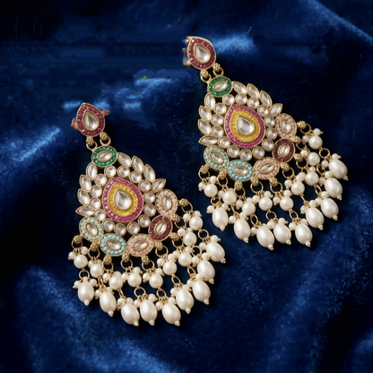 Kundan & Meenakari Handcrafted Chandbali Earrings with Pearl Drops