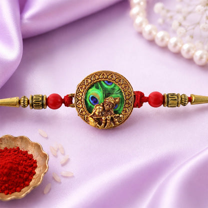 Krishna Rakhi, Traditional Peacock Feather Design with Beads (10pcs)