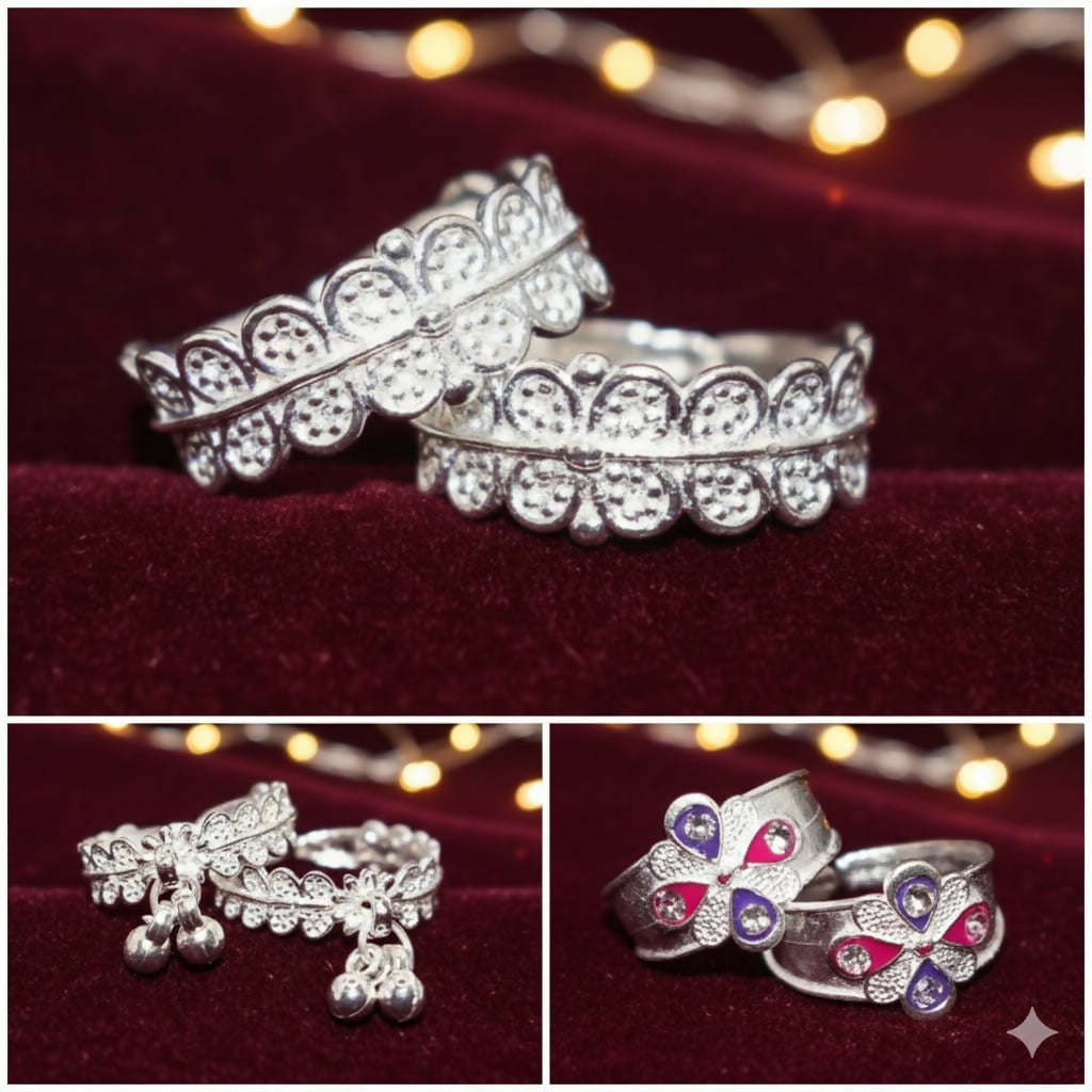 Designer silver plated toe ring with intricate filigree pattern for women