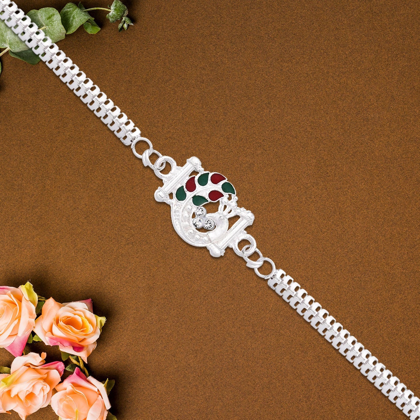 Silver Mor Peacock Meenakari Enamel Crystal Chain Rakhi (10pcs)