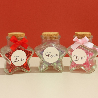 Star Shaped Glass Love Jar Bottles with Cork Lid and Decorative Ribbon – Set of 3 (Red, Blue & Pink) | Cute Romantic Gift Bottles for Valentine’s Day, Anniversary, Birthday, Home Decor | Glitter Filled Mini Message Bottles