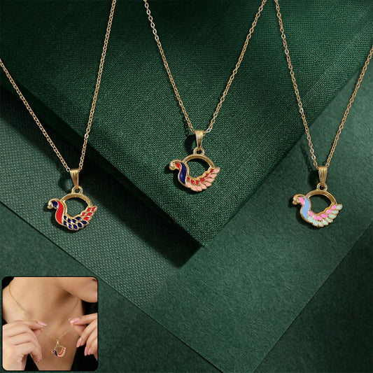 Colorful Enamel Swan Pendant Necklace on Gold Chain