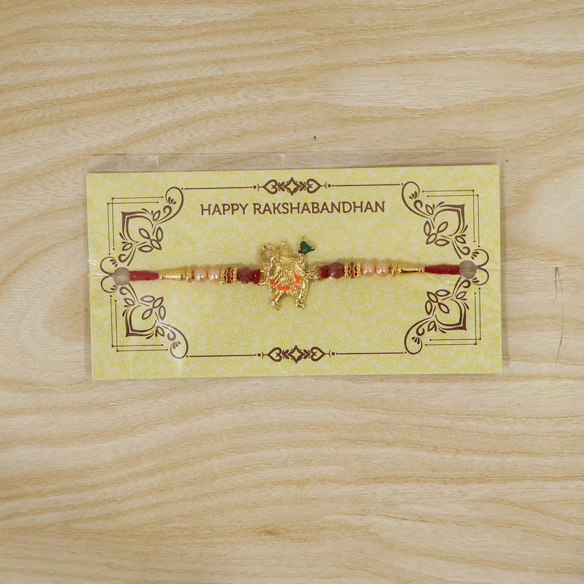 Golden Hanuman Ji Motif Enamel Pearl Beads Traditional Rakhi (5pcs)
