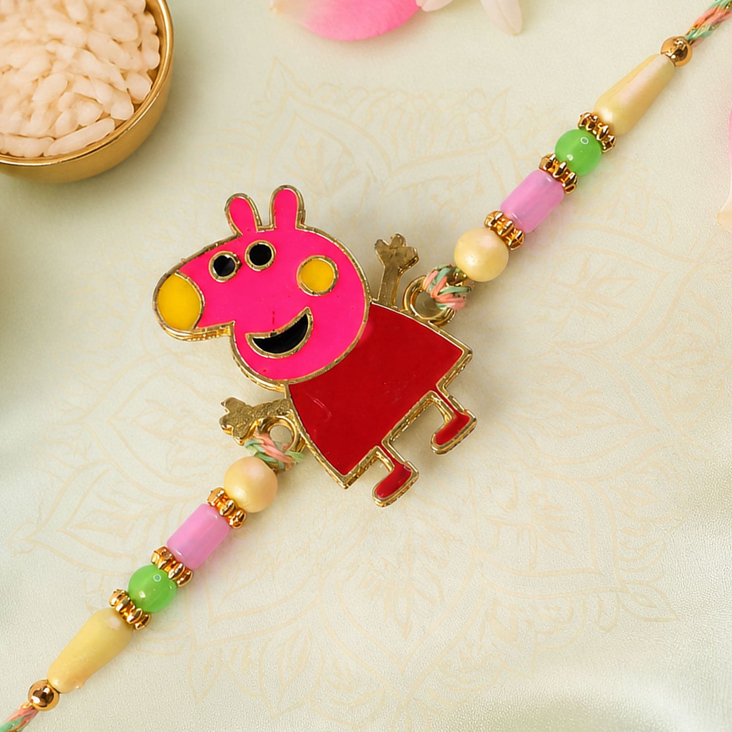 Cute Pink Piglet Cartoon Charm Rakhi for Kids