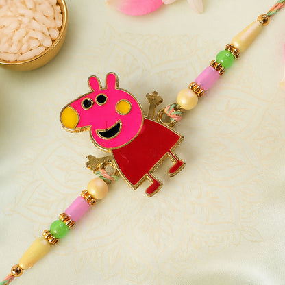 Cute Pink Piglet Cartoon Charm Rakhi for Kids