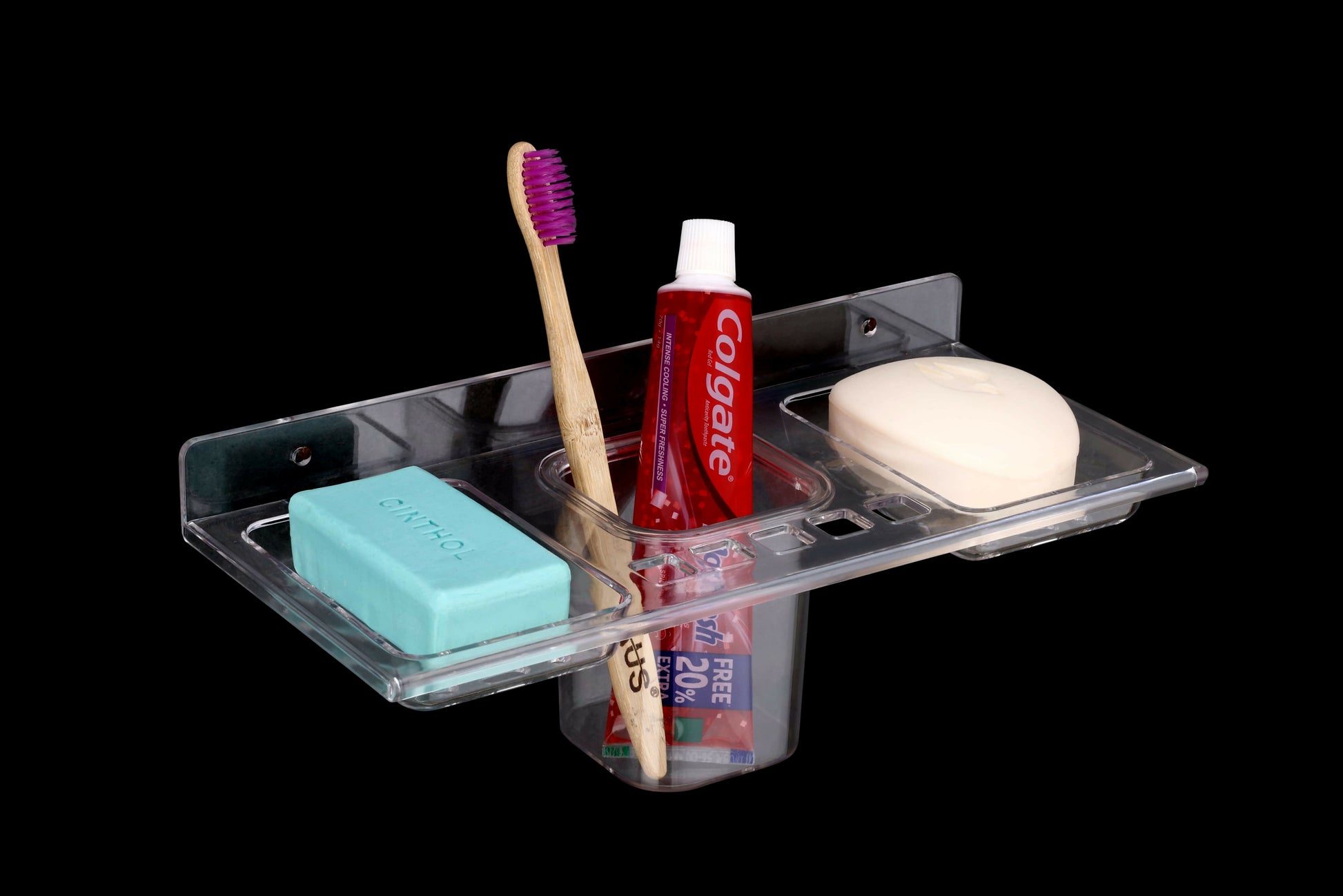 Close-up of double soap dish and tumbler holder showing practical bathroom organization