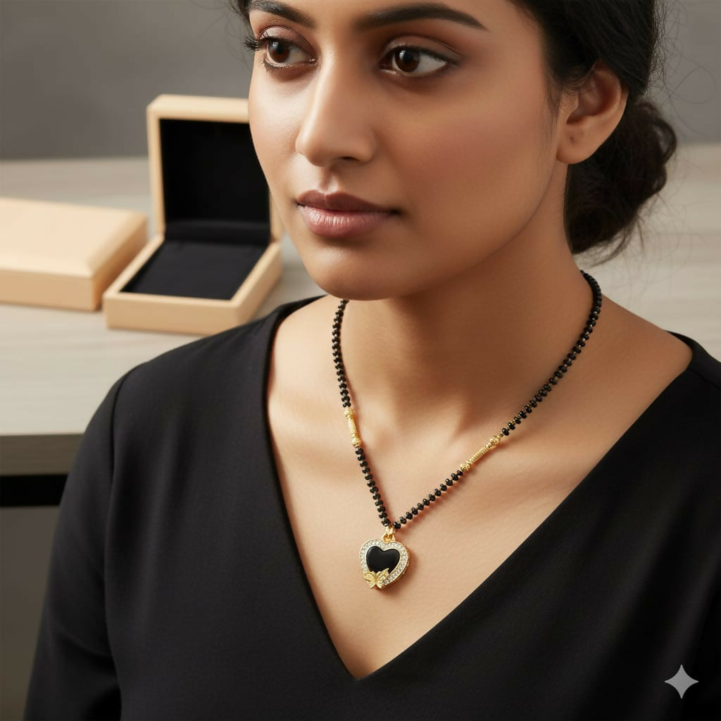 Close-up of gold-plated heart pendant with black enamel and American Diamonds on Mangal Sutra
