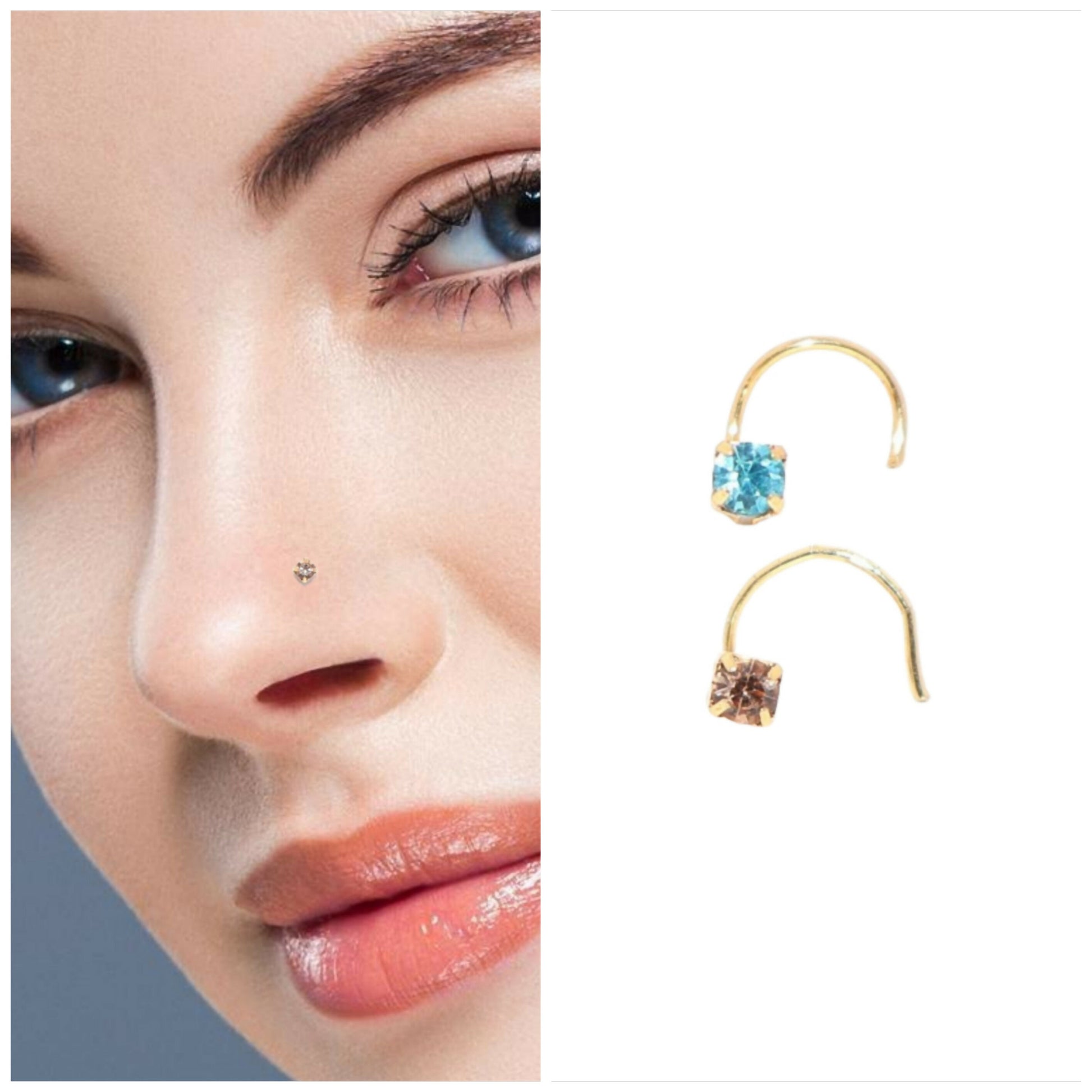 Close-up of gold plated clear crystal nose pin with secure curved hook