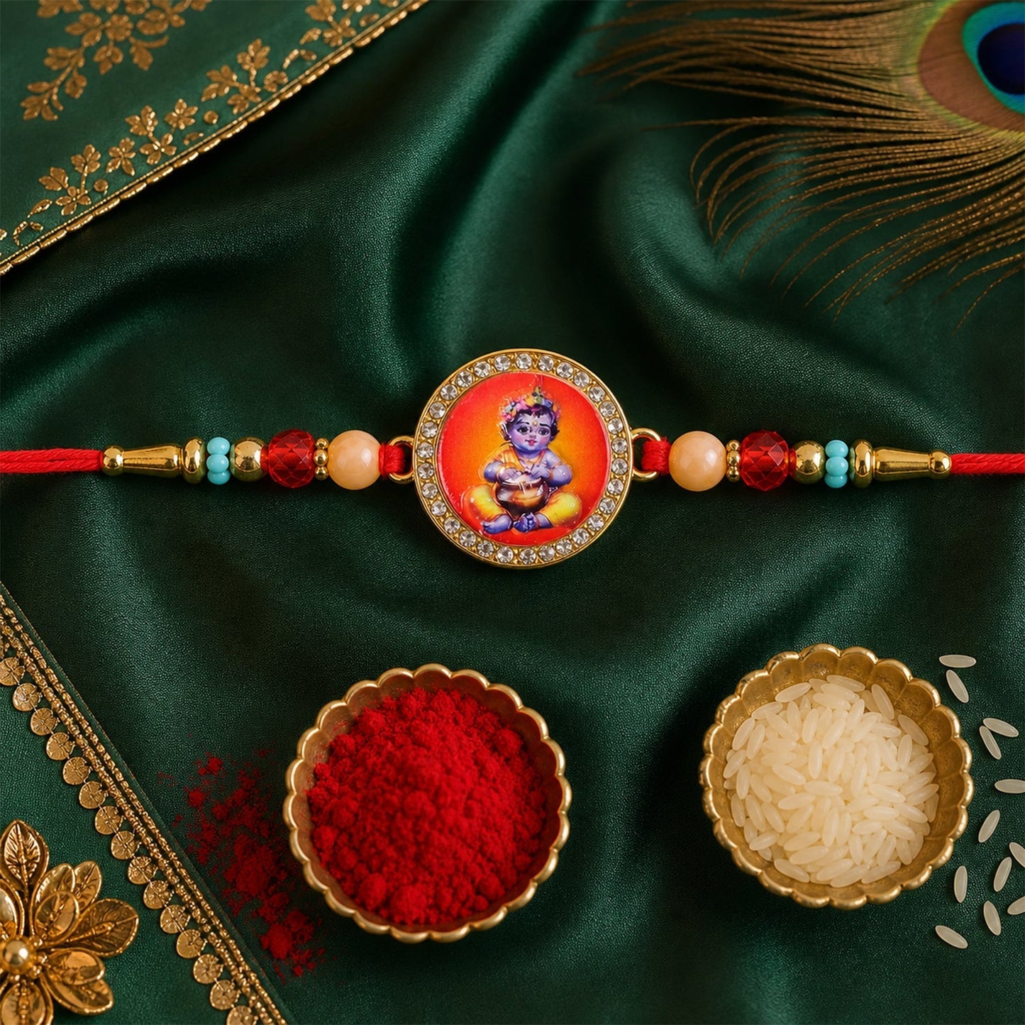 Bal Krishna Photo Round Beaded Traditional Rakhi for Brother (5pcs)