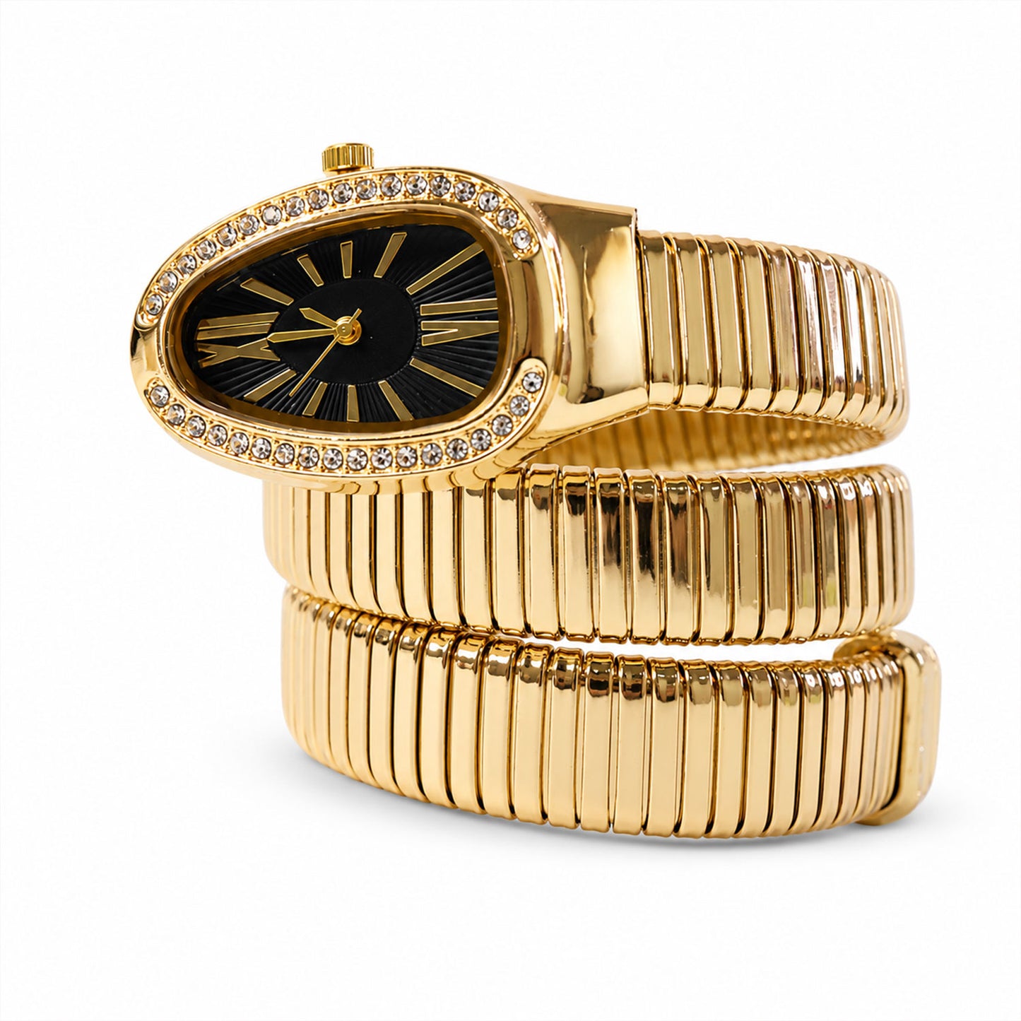 Gold Oval Snake Style Bracelet Watch with Black Dial and Crystal Border Design