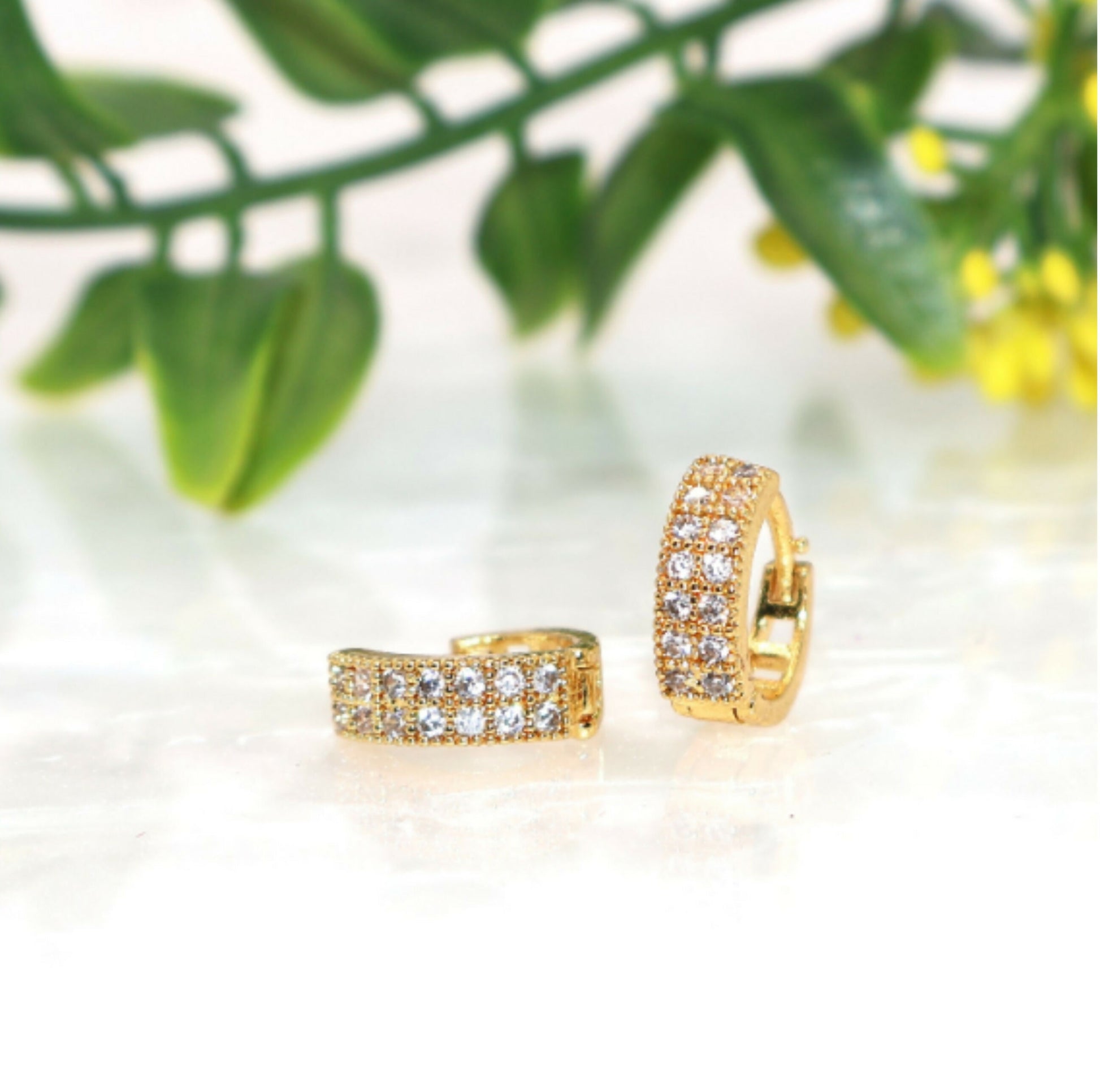 Set of 2 gold plated multicolored CZ huggie hoop earrings with vibrant stones