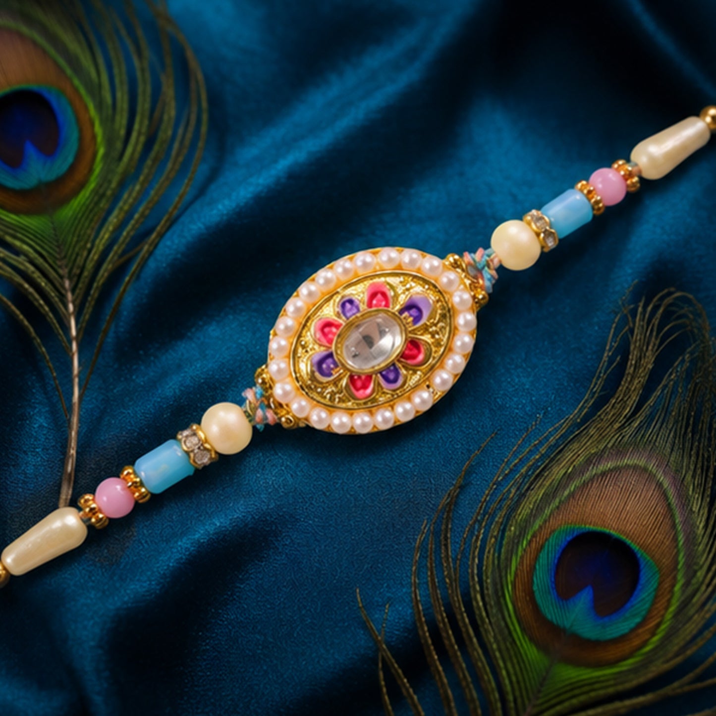 Pearl Bordered Oval Kundan Pendant Rakhi with Pastel Beads
