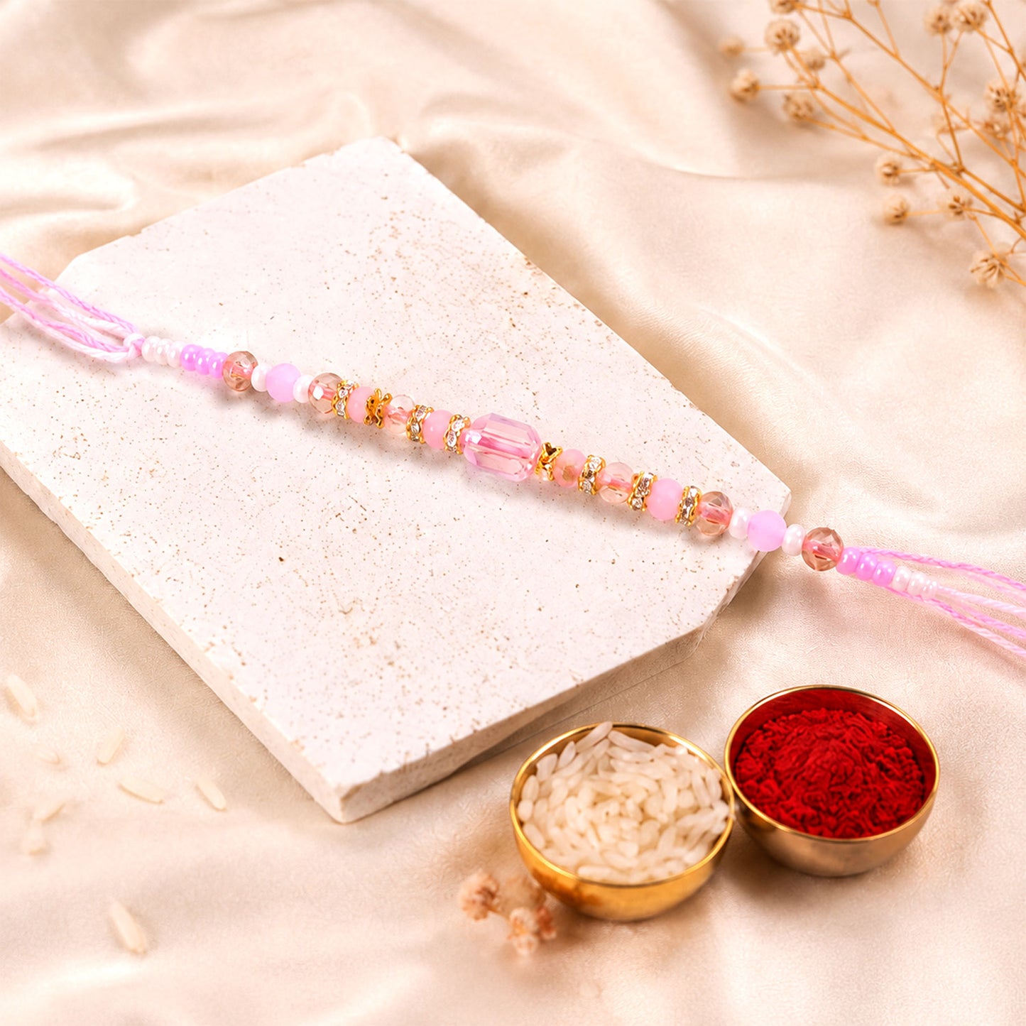 Soft Pearl Beaded Rakhi with Delicate Colors and Beautiful Bracelet Style Finish