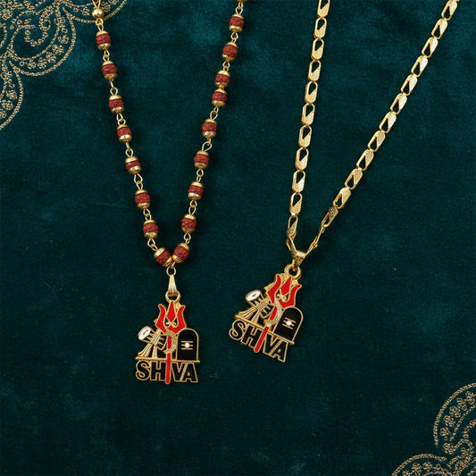 Shiva Trishul Gold Plated Pendant Chain & Rudraksha Mala