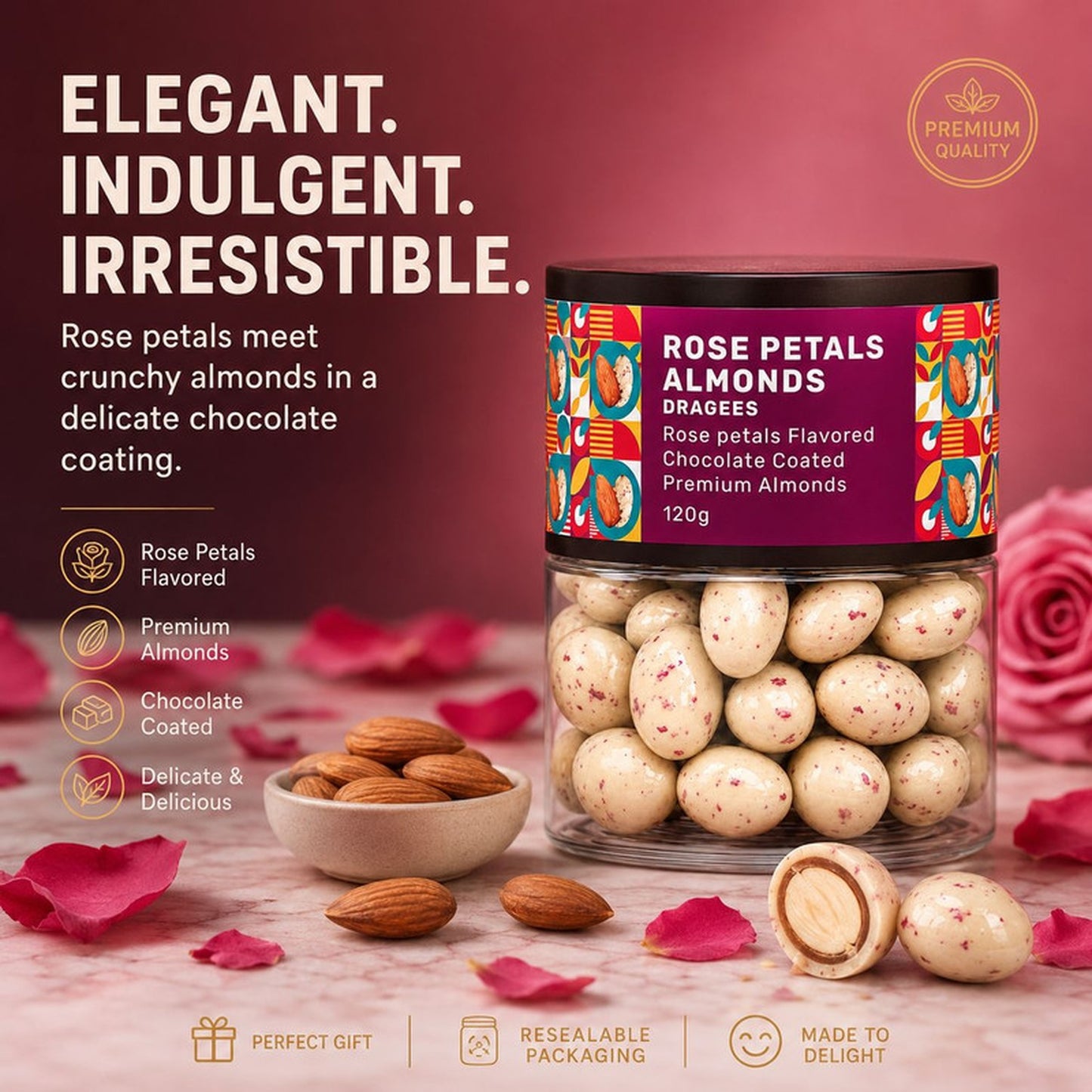 Close-up of a crunchy almond dragee, revealing its smooth chocolate and delicate rose flavour.
