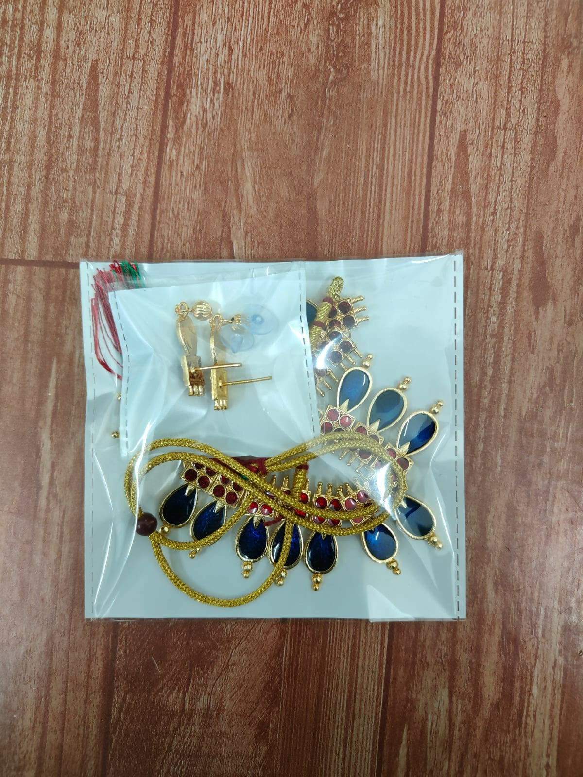 Traditional Gold-Tone Blue-Maroon Enameled Lotus Choker Set