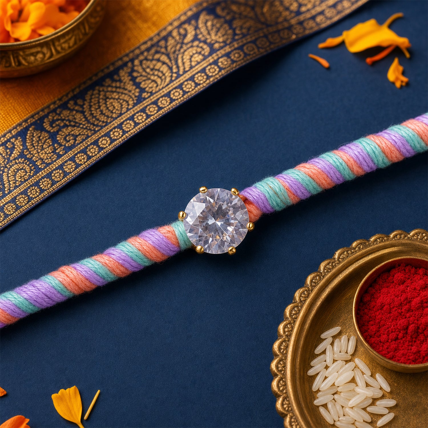 Multicolour Twisted Cord Rakhi with Sparkling Round Crystal Pendant