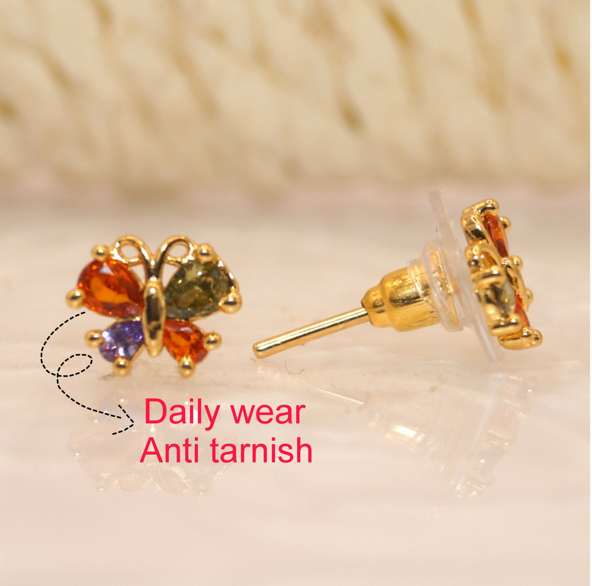 "Gold Plated Multicolored AD Butterfly Stud Earrings" for women and girls