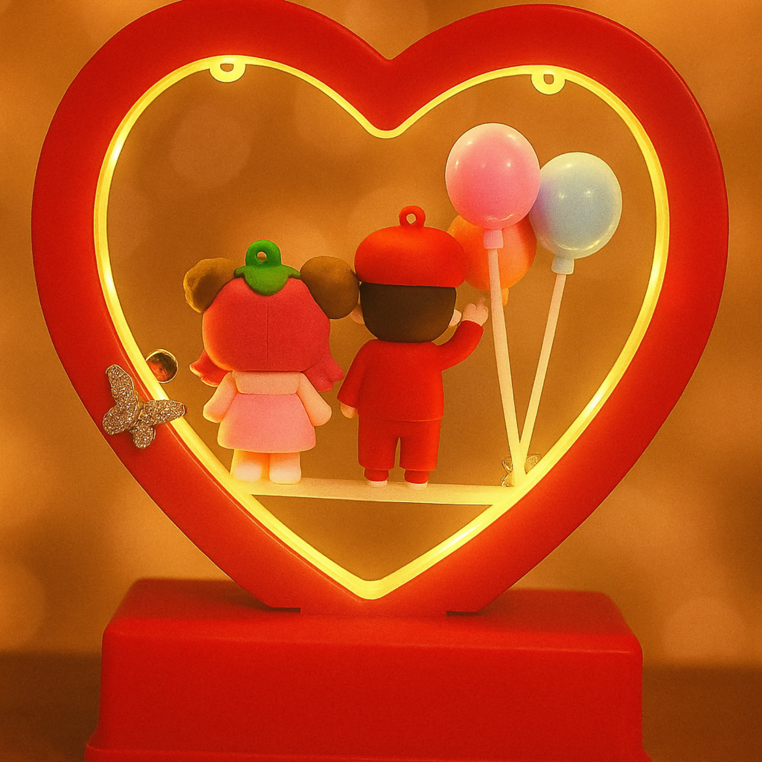 Romantic Heart-Shaped Red LED Couple Showpiece with Balloons and Love Message | Cute Cartoon Figurine Decorative Lamp for Bedroom, Anniversary, Valentine, and Home Decor Gift