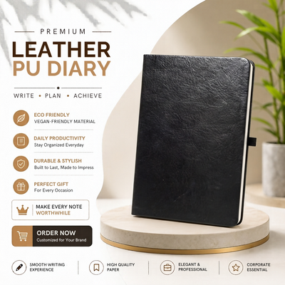 Premium Black PU Leather Diary Notebook – Elegant Professional Journal & Daily Planner for Office