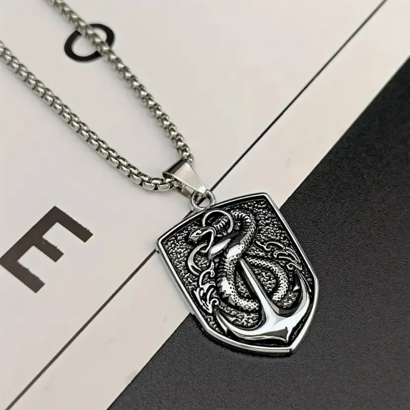 Silver Plated Shield Snake Pendant for Men