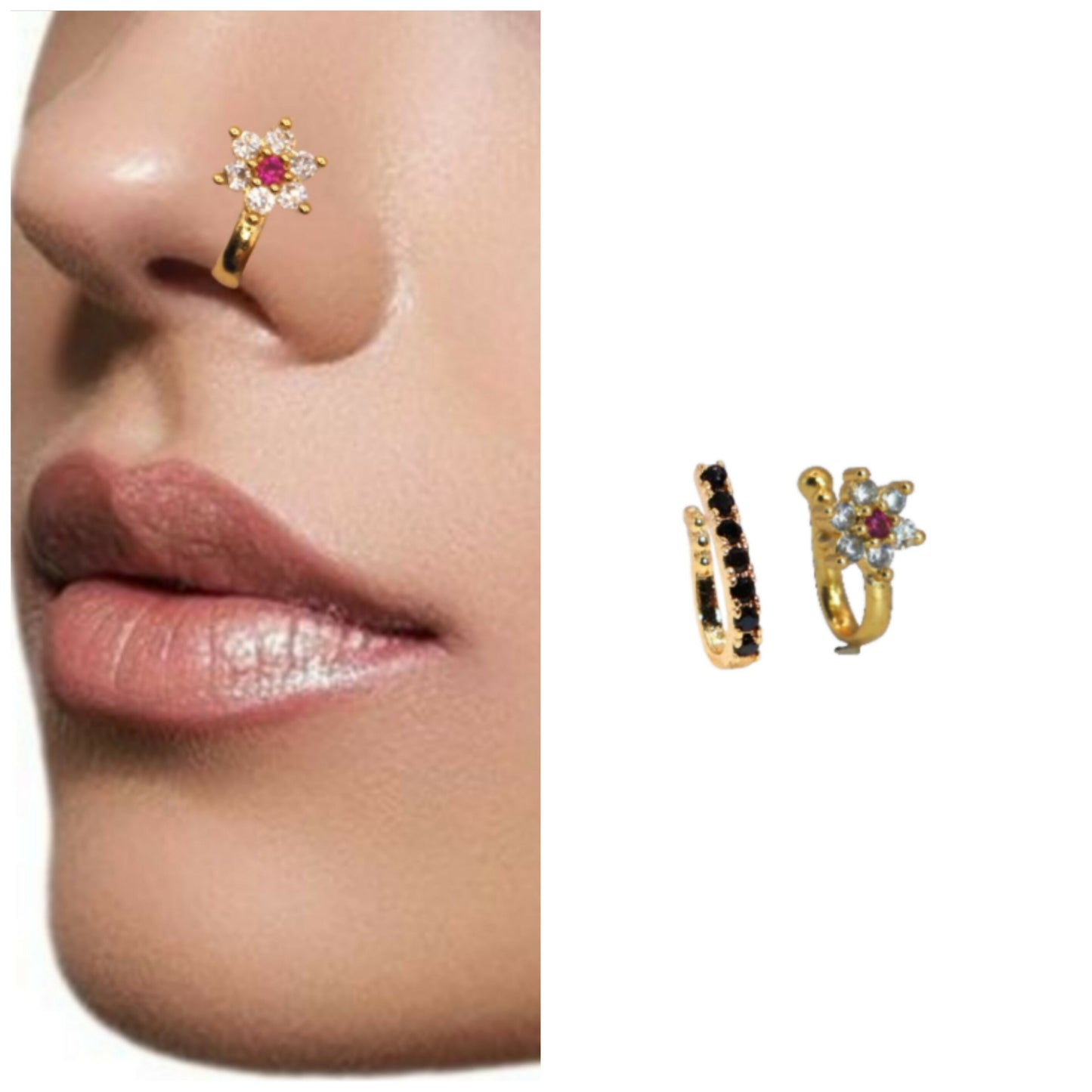 Set of 3 gold tone cubic zirconia clip-on nose rings with adjustable cuffs