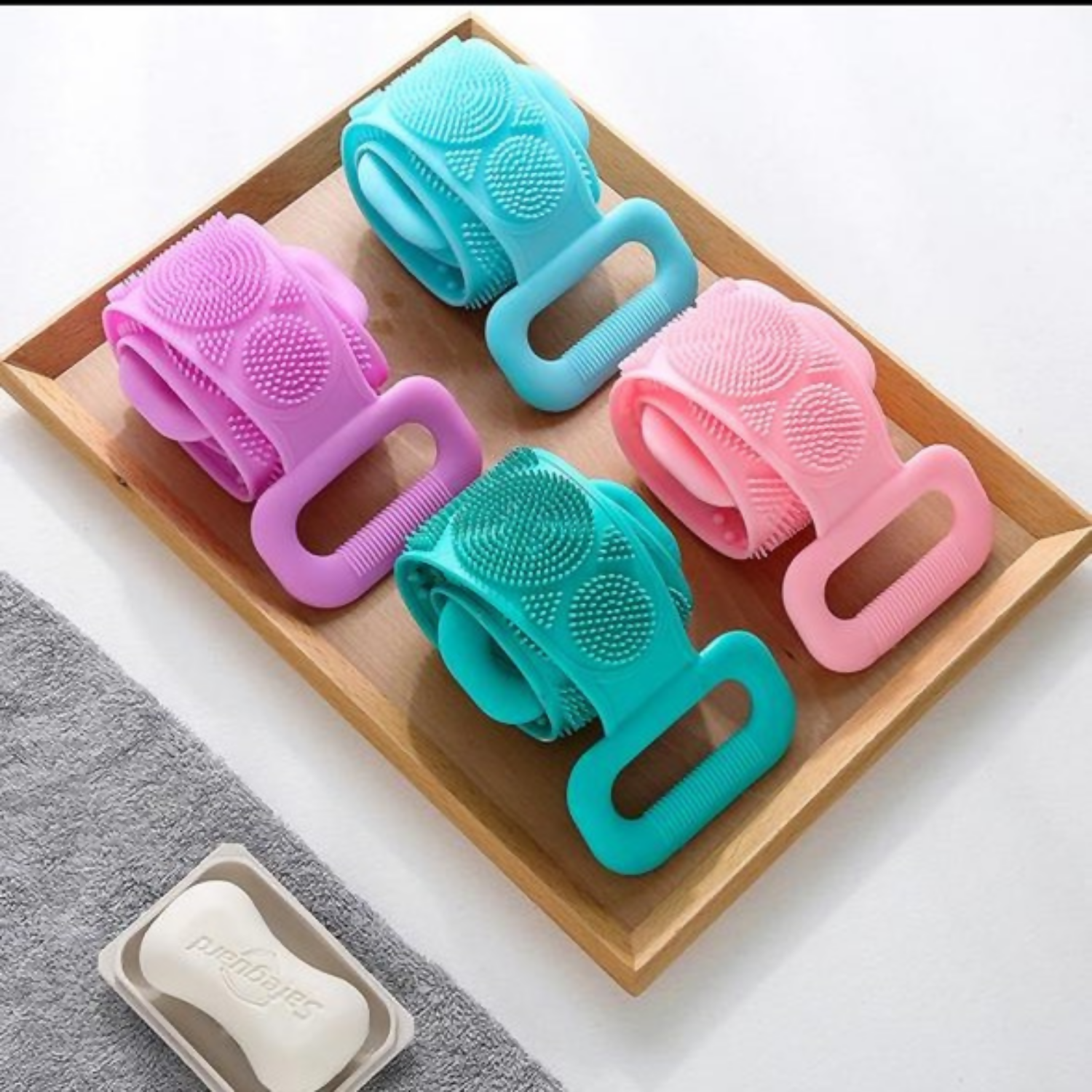 Set of 4 Silicone Bath Body Scrub Belt | Double-Sided Exfoliating Back Scrubber with Handle | Soft Food-Grade Silicone Massage Brush for Deep Cleaning, Dead Skin Removal & Relaxing Bath Experience