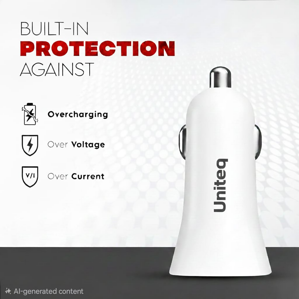Uniteq 65W Dual USB Fast Car Charger Adapter 2 Port (White)