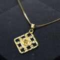 Gold-Tone Temple Motif Square Pendant Necklace with Decorative Cutwork for Unisex