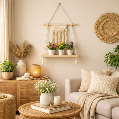 Macrame Hanging Wooden Shelf Wall Decor Display Rack with Rope