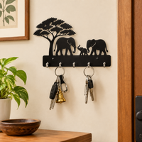 Metal Elephant Family Wall Key Holder with Tree Design and 5 Utility Hanging Hooks