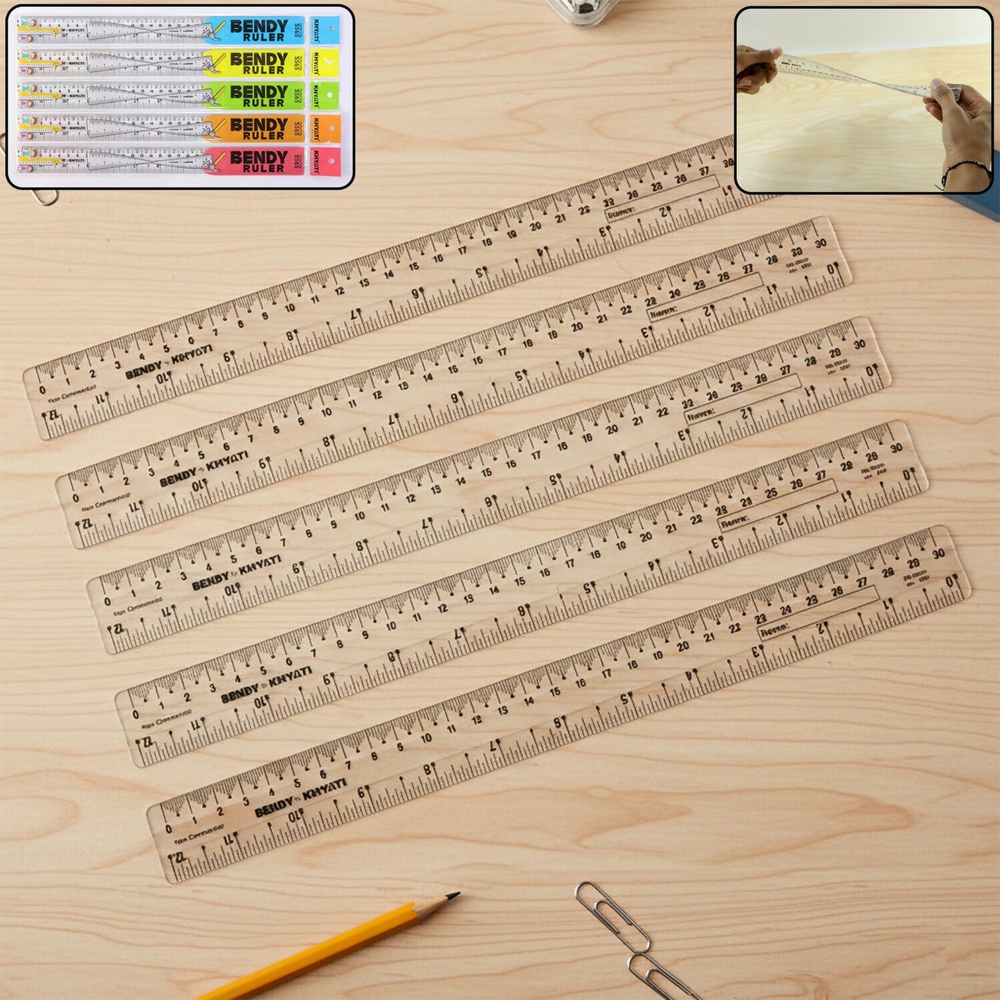 Flexible Transparent 30cm Bendy Ruler with Dual Scale Marking & Name Strip – Unbreakable Plastic (Pack of 5 Pieces)