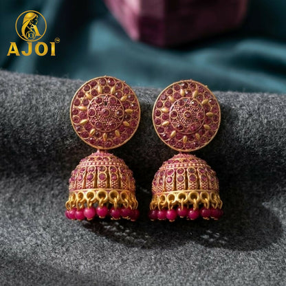 Antique Gold Pink Stone Jhumka Earrings Traditional Ethnic Design