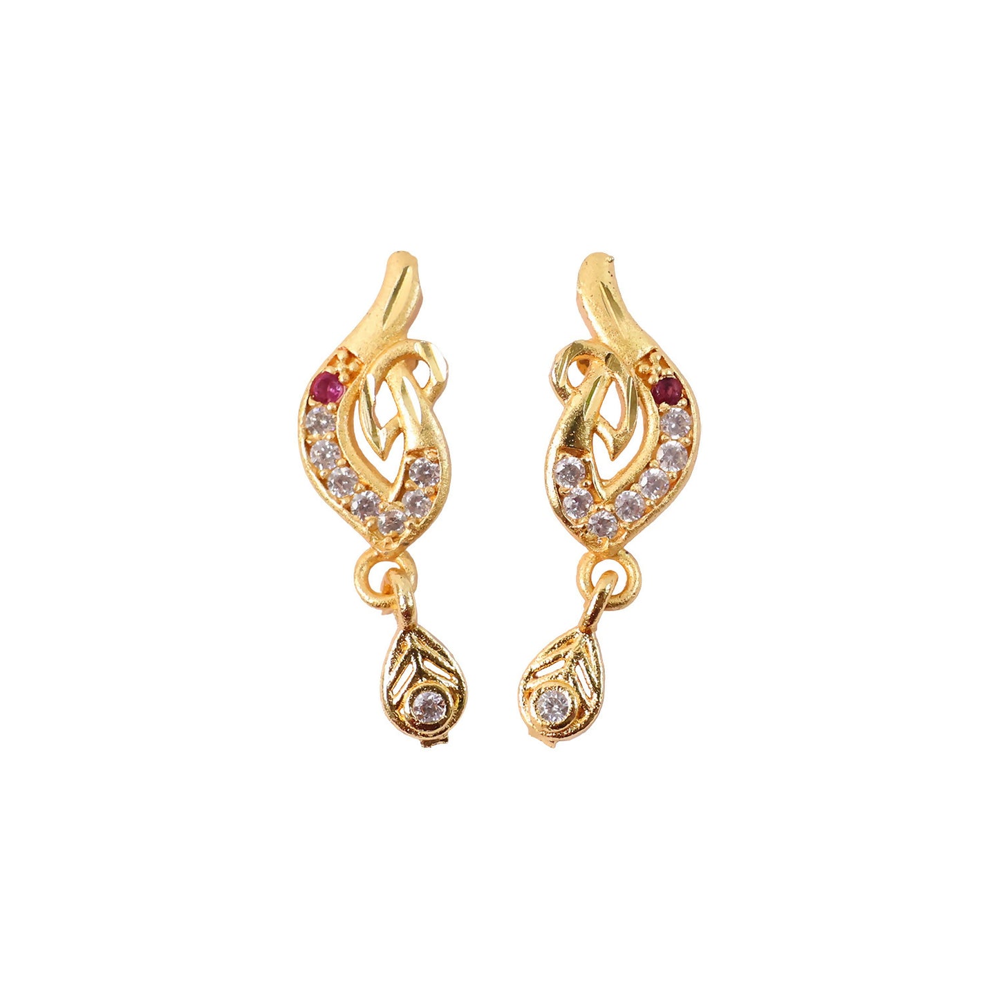 Front view of gold leaf design earrings with gemstones