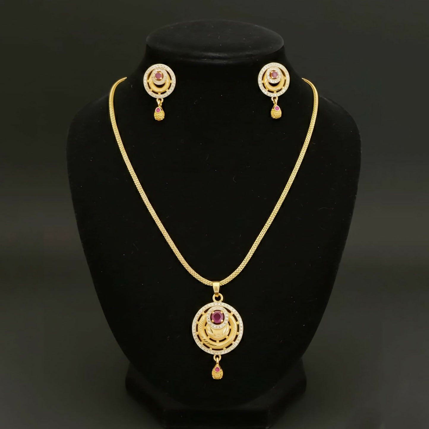 Gold-Tone Fashion Pendant Necklace Set with Ruby Accents and Matching Stud Earrings