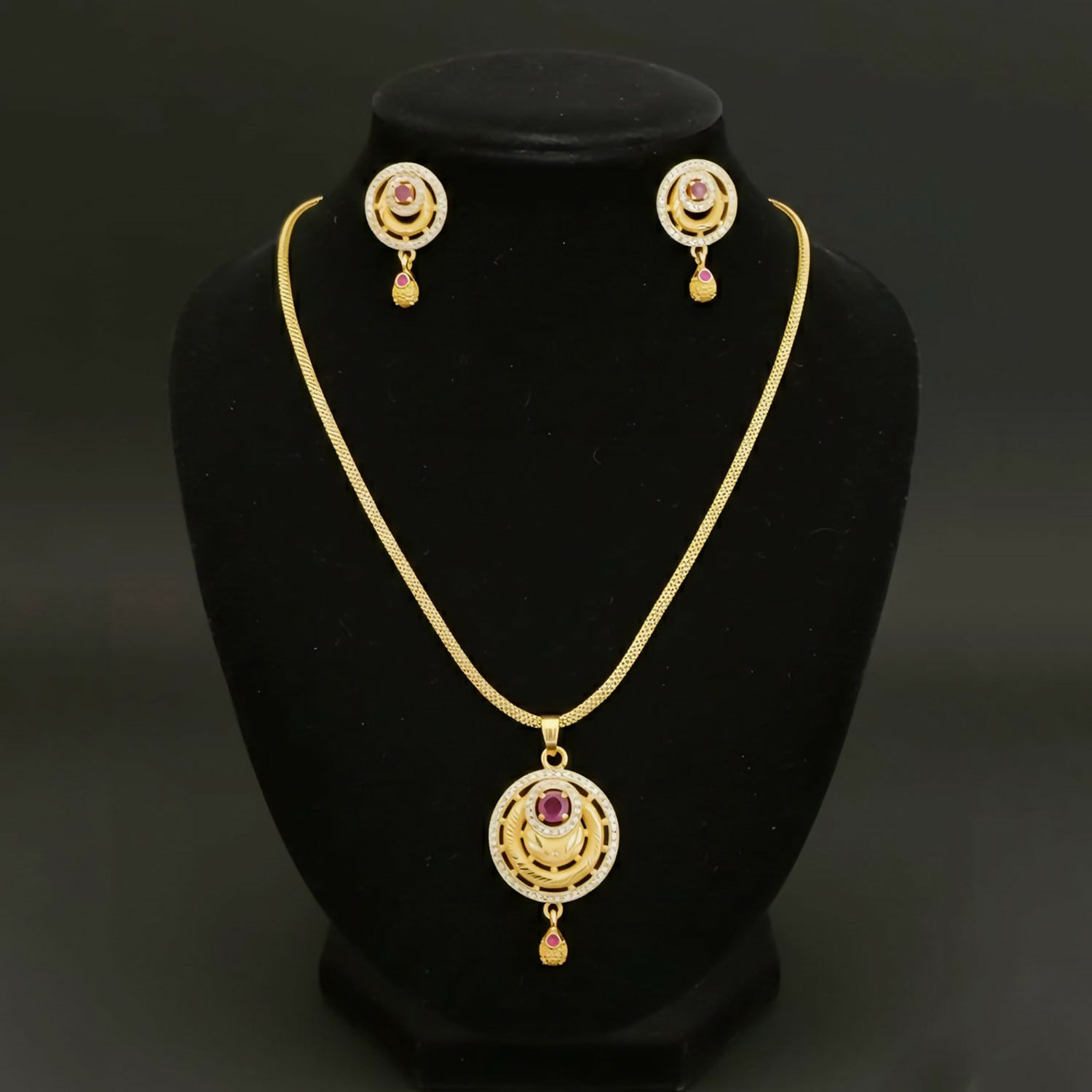 Gold-Tone Fashion Pendant Necklace Set with Ruby Accents and Matching Stud Earrings
