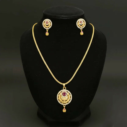 Gold-Tone Fashion Pendant Necklace Set with Ruby Accents and Matching Stud Earrings