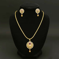 Gold-Tone Fashion Pendant Necklace Set with Ruby Accents and Matching Stud Earrings