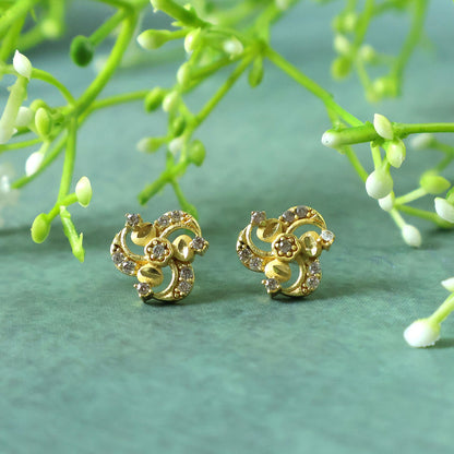 Elegant Floral Swirl Gold Stud Earrings with Crystal Detailing