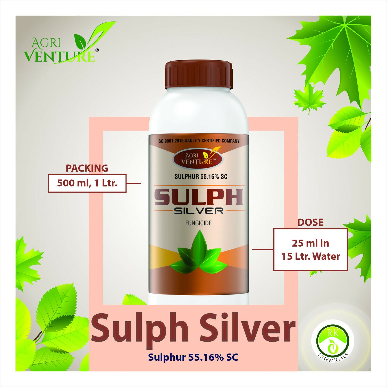 AgriVenture SULPH SILVER ( Sulphur 55.16% SC ) Contact Fungicide Used for the Control of Powdery Mildew of Grape and Mango (1 Ltr)