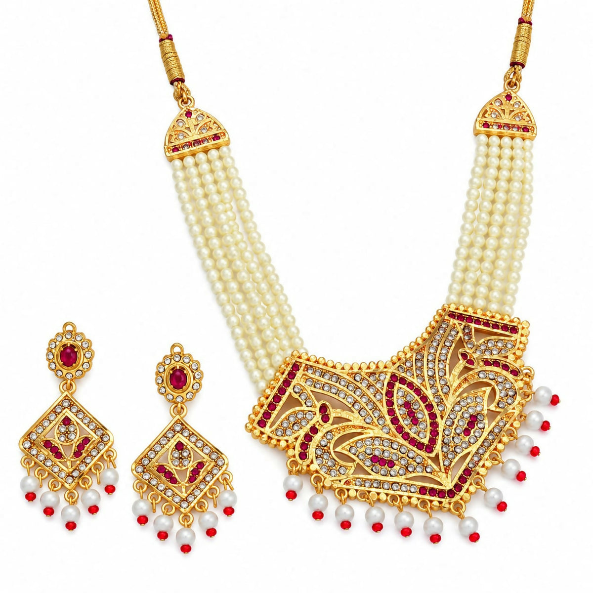 A complete set of golden-plated Kundan necklace featuring ruby stones and pearl drops, accompanied by two matching earrings.