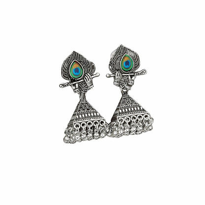 Traditional Krishna jhumka earring featuring ghungroo finish in oxidised silver
